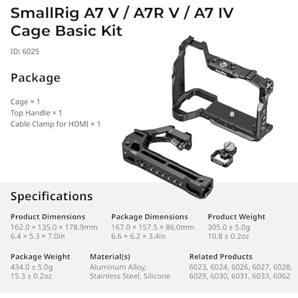 Базовый комплект SMALLRIG A7 V A7R V A7 IV Cage Basic Kit для Sony Alpha 7 V Alpha 7R V Alpha 7 IV с пластиной быстрого крепления для Arca включает верхний кронштейн HDMI зажим для кабеля - 6025