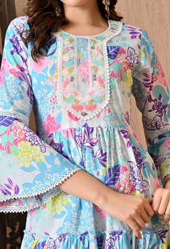 Image of LIBOZA 100% Cotton Floral Print Tiered Midi Dress, Bell Sleeves, Lace Trim Detail, White and Multicolour for Women, Office, Party, All Occassions