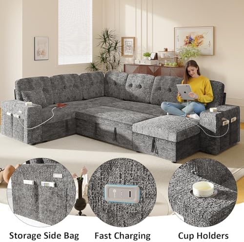 Modular Sectional Sleeper Sofa with Pull Out Bed, U Shaped 7 Seat Sectional Couches for Living Room, 108 Inch Sofa Bed with Adjustable Backrest | Hidden Storage | Wide Armrest | Grey