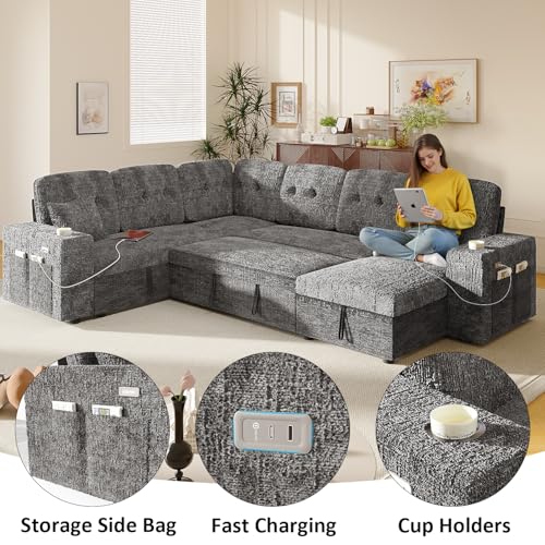 Image of Modular Sectional Sleeper Sofa with Pull Out Bed, 108 Inch U Shaped 7 Seat Couches for Living Room, Chenille Fabric Cloud Couch Bed with Storage & Reclining Backrest, USB Charging, Grey