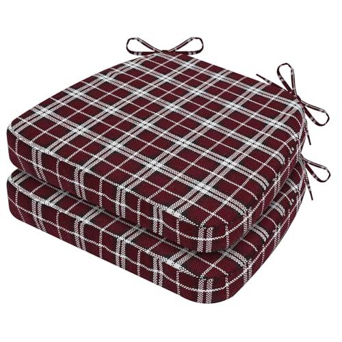Image of AAAAAcessories D-Shaped Chair Cushions, 2 inch Thick Dining Chair Pads with Ties and Removable, Machine-Washable Cover, 17 inch x 16 inch, Set of 2, Red Checkered