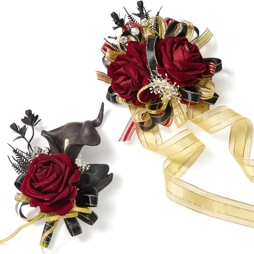 Serwalin Black & Burgundy Prom Corsage and Boutonniere Set, Artif...