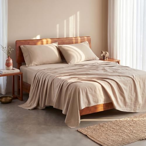 Image of LANE LINEN 100% Organic Cotton Bedsheet for Double Bed Queen Size - Taupe | GOTS Certified, Percale Weave, 90x100 inches, Soft & Breathable, Machine Washable, Includes 2 Pillow Covers