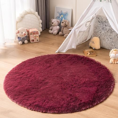 Image of Shaggy Round Area Rug - Soft Plush Circle Solid Color Carpet for Living Room, Bedroom, Kids Room - Fluffy Fuzzy Floor Mat for Home Decor (Maroon, 4x4 feet, Round)