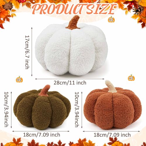 Juexica Gefülltes Kürbiskissen, flauschiges Plüsch, 3D-Kürbis-Form, Dekoration, Herbst, Erntedankfest, Halloween, niedlich, weich, Überwurf für Sofa, Couch, Zubehör (Weiß, Dunkelgrün, Braun), 3 Stück