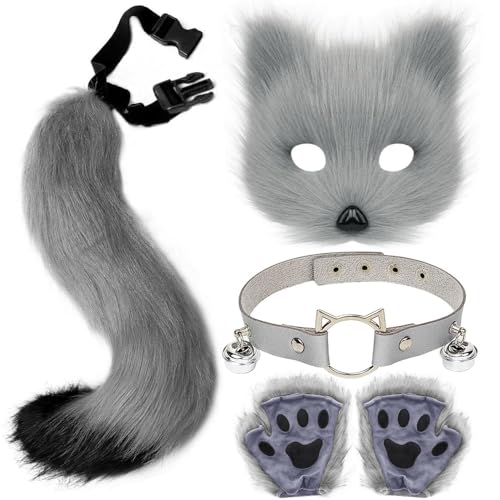 ZDQC Wolf Fox Schwanz,Halskette und Handschuh,Pelzige Fuchs Maske,Katze Fuchs Cosplay,Halloween Party Cosplay Kostüm Accessoire (Grau Schwarz)