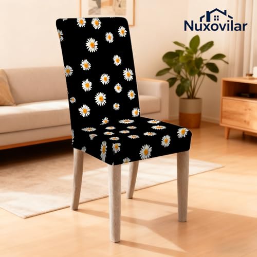 Image of Nuxovilar 4PCS White Daisy Black Background Stretch Chair Covers | Stretch Slipcover Furniture Protector Daisy Wrap Seat Guard Dining Room Kitchen Cafe House (White Daisy Pattern)