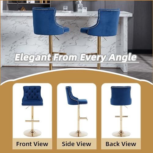 Goolon GOO-301-19-03 Velvet Bar Stools Set Of 6, Button Tufted Barstools, Height Adjustable Swivel Counter Bar Chairs With Upholstered Seat Back, Rivet Trims thumb #7