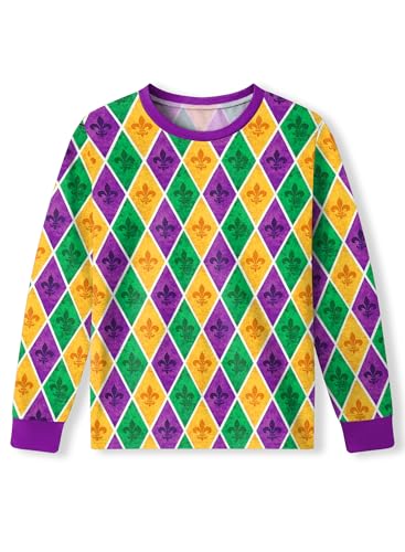 Big Unisex Kids Mardi Gras Fleur De Lis Long Sleeve Tops Crew Neck Diamond Shirts 10 Years