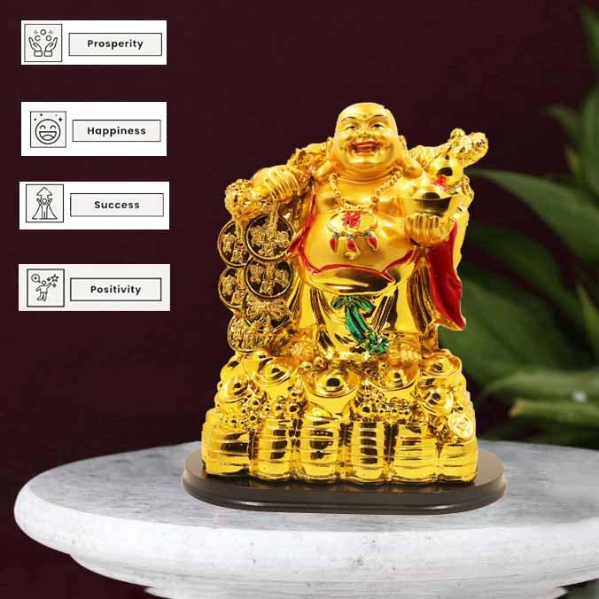 Image of Spillbox Resin Golden Happy man Statue|Laughing Buddha|Feng Shui|Show Piece|Gift Item |Vastu|Decorative Showpiece for Home Decor|Office Desk Table (Happy Man with 3 Coin Big)