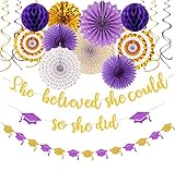 Purple-Gold White Party-Decorations Graduation Banner-Streamers - 18pcs Kits 2025 Congratulations Grad She Believed She Could So She Did Garland,Paper Tissue Pom Poms Fan,Honeycomb Lanterns Panduola