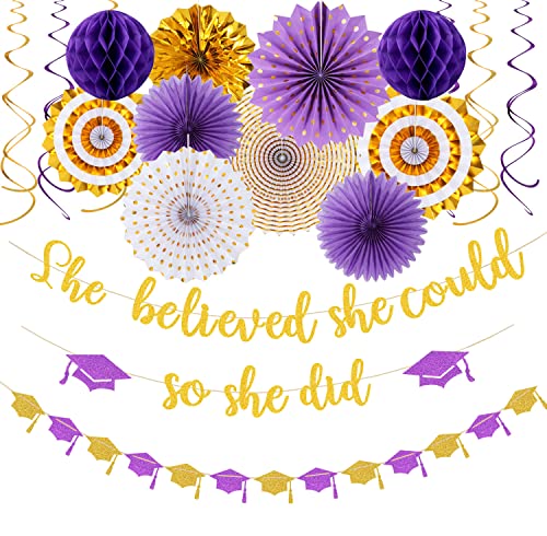 Purple-Gold White Party-Decorations Graduation Banner-Streamers - 18pcs Kits 2025 Congratulations Grad She Believed She Could So She Did Garland,Paper Tissue Pom Poms Fan,Honeycomb Lanterns Panduola
