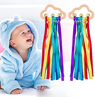 iSinbox Baby sensory toys,2PCS Sensory Wooden Ring Baby Toys - Babies Rainbow Ribbon Rattle Toy Educational Toddler Play Toy with Bells for Boys Girls