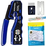 PETECHTOOL RJ45 Crimp Tool All-in-one Crimping Tool Ethernet Cable Crimper Stripper Cutter for Pass Thrugh Connectors with 100PCS Cat6 Connectors and 1 Set of Blades