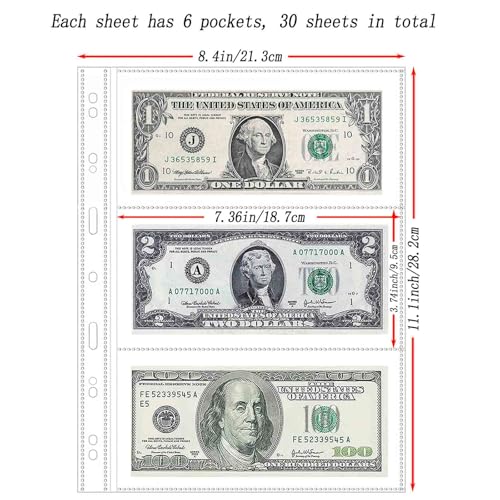 30 Sheets 180 Pockets Currency Sleeves Paper Money Collection Supplies Pages, Currency Collecting Page with 11 Hole Coin Binder Sleeves for Coupon, Bills and Banknotes, Currency Collection Album