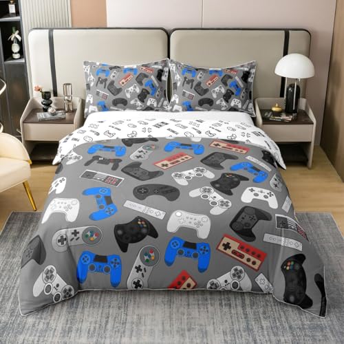 Loussiesd Gamepad Decorative 100% Cotton Duvet Cover,Soft Kids Gamer Gaming Bedspread Cover,Boys Game Room Decor Grey Bedding Sets,Single Size