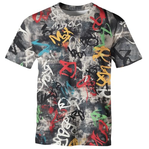 GHUALURU Mens Casual Graffiti Print T-Shirt Short Sleeve Hip Hop T-Shirts Graffiti Multicolor2 XL