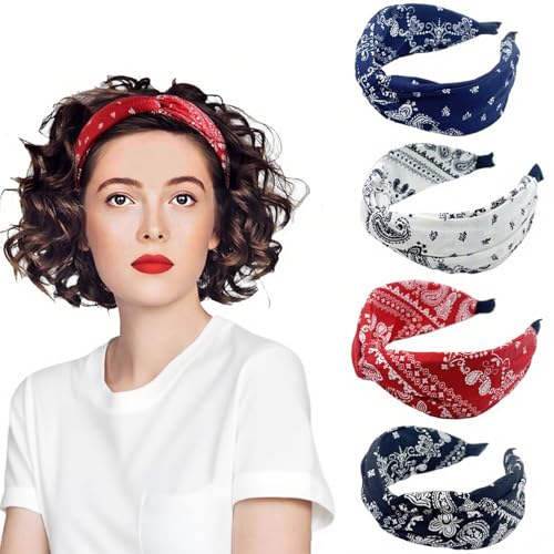 4 Stück Breit Stirnbänd Paisley, Haarbänder Damen mit Knoten, Kopfband Vintage Rockabilly Haarreifen, Wide Knot Turban Elastisch Haarbänder Rutschfest Haarschmuck, Haar-Accessoires für Damen Mädchen