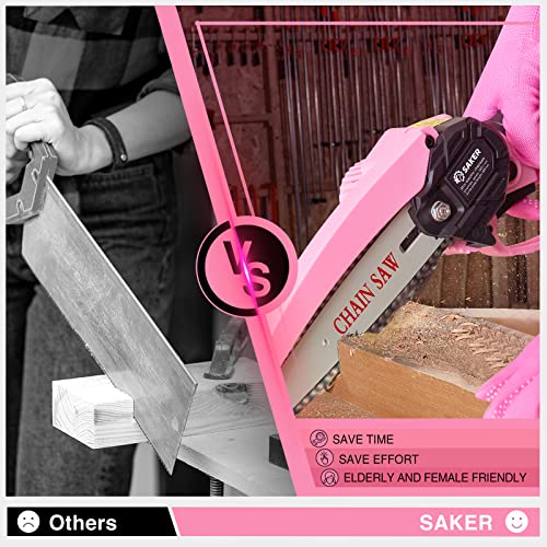 Image of Saker Mini Electric Chainsaw,6 Inch, Handheld Portable Chain Saw Pruning Shears Chainsaw Cordless for Tree Branches,Household and Garden(SAKER MINI CHAINSAW PINK + 2 BATTERIES + 3 CHAINS)