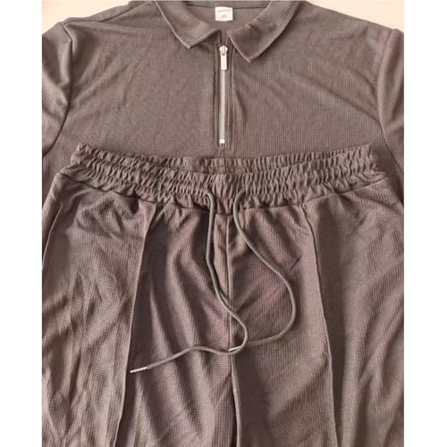 Men's Solid Color Suit Waffle Lapel Short-Sleeved Zipper Long Pants Set,Mens Tracksuit Polo Shirt & Long Pants Set3