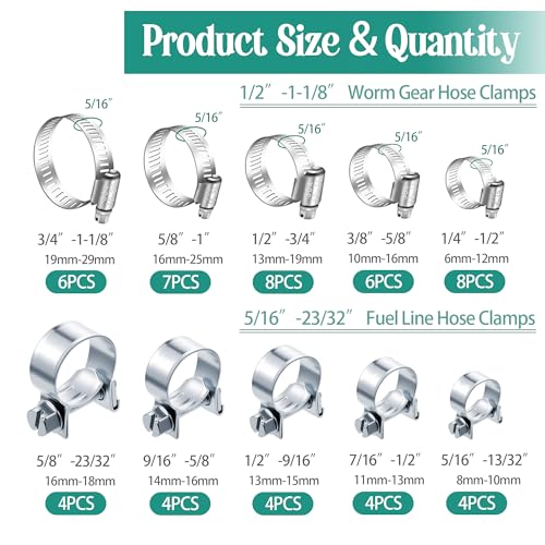Image of Dianrui 55PCS Hose Clamp Assortment Kit 3 /8 inch Hose Clamps Stainless Steel 304 Worm Gear Hose Clamp & Fuel Injection Hose Clamps for Water Pipe, Plumbing, Tube and Automotive Diesel Petrol Pipe