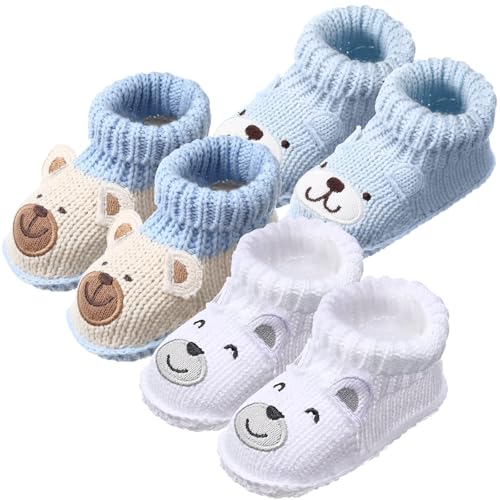 Image of Evervibe 3 Pairs Knitted Baby Booties 0-6 Months Newborn Baby Shoes First Walkers Cozy Shoes for Infant Girl Boy