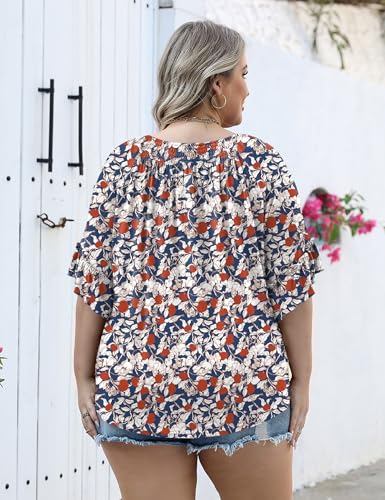 Image of Micoson Womens Plus Size Tops 3 /4 Ruffle Sleeve Crewneck Pleated Shirts