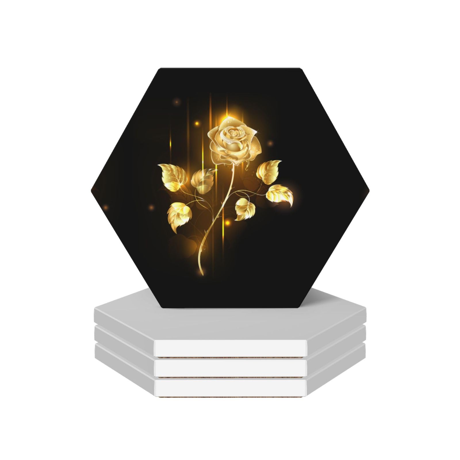 4 Hexagonal Gold Rose Coasters, Ceramic Home Decor Coasters With Anti Slip Cork Base, Tea And Coffee Coasters, And Daily Coasters.