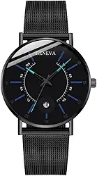Relógio Masculino 'Geneva Greatest Hour' Minimalista Preto com Detalhes Azuis em Aço Inoxidável – Pulseira Estilo Escamas – Estilo Moderno e Elegância Versátil
