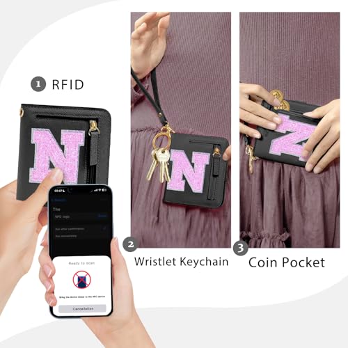 Image of COSHAYSOO Initial Wallet RFID Small Bifold Slim Letter Wallet for Women Teenager Girls Travel Daily Necessities Credit Cards Money Cash Coin Organizer, Black, Compact, N