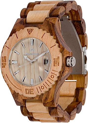 Maui Kool Wooden Watch Lahaina Collection for Men Women Unisex Analog Wood Watch Bamboo Box (2A - Maple and Zebrawood)