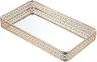 BSTKEY 35x20cm Vanity Mirror Tray Jewelry Trinket Tray, Decorative Tray for Cosmetic Makeup Dresser Bathroom Bedroom Countertop Organizer, Gold