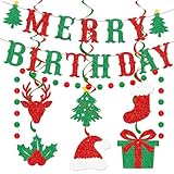 Merry Birthday Banner, Red & Green Glittery Christmas Birthday Banner Christmas Happy Birthday Banner for Christmas Birthday Party Decorations, Christmas Holiday Party Decorations, Xmas Birthday Decor