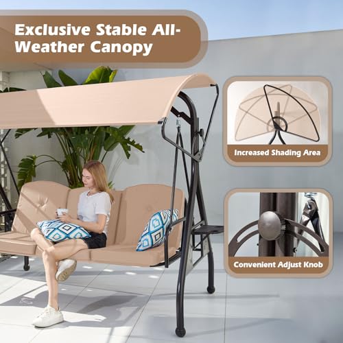 Image of ZZW 800LBS Patio Swing with Canopy 3 Seat Outdoor Porch Swing with Stand w /Cup Holder & Pillow Glider Chair Swing Bed for Patio Backyard Poolside (Khaki)