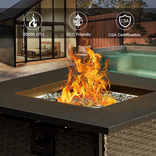 Domi 32In Propane Fire Pit, 50,000 Btu Gas Fire Pit Table With Lid, Glass Rocks, Etl Certification, Classic Firepit With Rattan Wicker Base And Wood Look Tabletop #TOP2