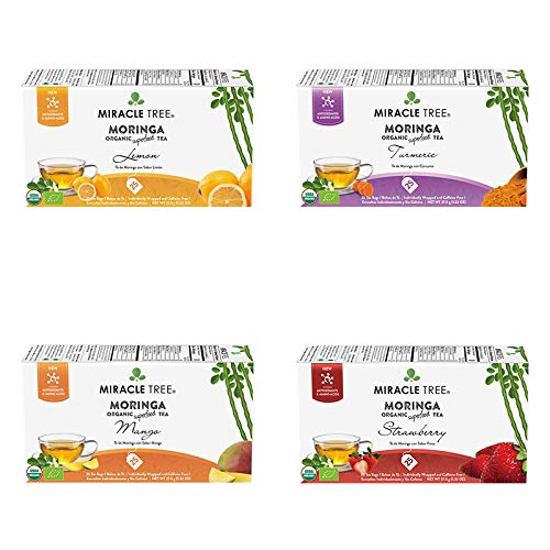 Miracle TreeOrganic Moringa Superfood Tea, 4 Pack Bundle, 4x25 Individually Sealed Tea Bags (Lemon, Turmeric, Mango, Strawberry)