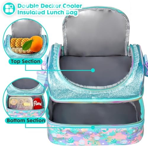 Image of Kids Double Decker Cooler Insulated Lunch Bag Large Tote for Boys, Girls, Men, Women, with Adjustable Strap (Mermaid-Bag)