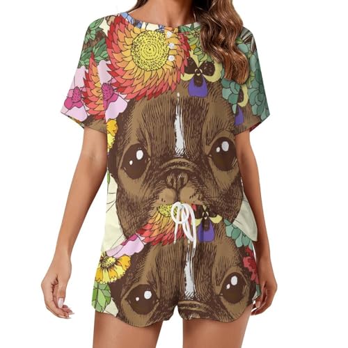 Pyjama court femme motif chiens fleurs en coton léger pour l'été
