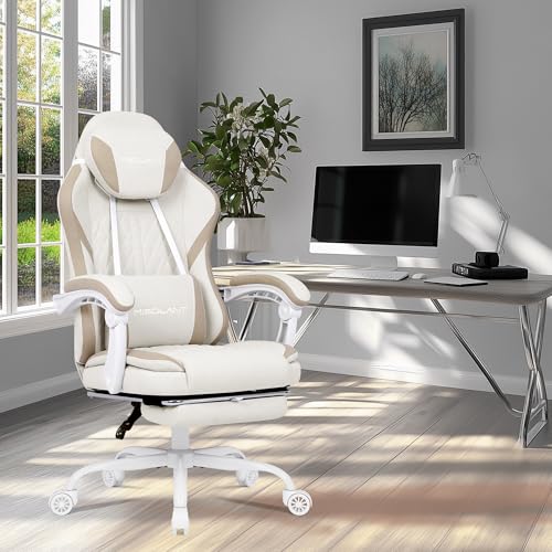 Image of Misolant Gaming Chair, Fabric Gamer Chair with footrest for Adults, High Back Ergonomic Computer Game Chair with Adjustable Headrest and Massage Lumbar Support, 90-155 Recline Free, Beige