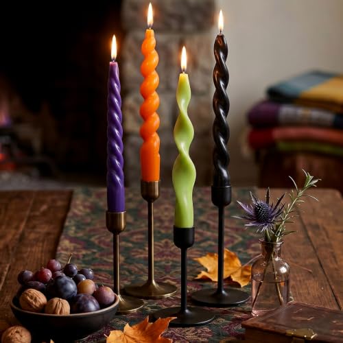 Nuanchu 4 Pcs Twisted Taper Candles Wax Unscented Smokeless Spiral Swirl Candlesticks for Wedding Holiday Dinner Party Home Decorations(7.87 Inch Pure Halloween Purple)