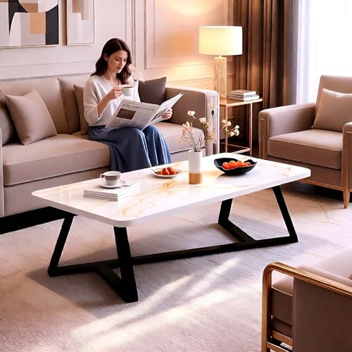Image of Modern Engineered Wood Center Table for Living Room | Marble Pattern Coffee & Tea Table for Home, Office & Reception (White Black)