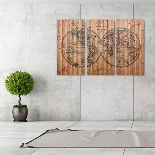 Empire Art Direct Vintage World Map Digital Print On Solid Wood Wall Art Triptych, 60" X 40" X 1.5", Ready To Hang #TOP2