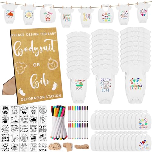 Pydeeirom 201 Pcs Baby Shower Set Baby Shower Game Sign Baby Bib Bodysuit White Baby Bib Newborn Bodysuit Baby Shower White Decorating Kit(Kraft)