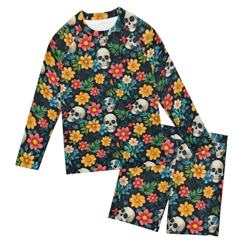 Skull Flower Toddler and Baby Boys' 2-Piece Swimsuit Trunk, Long Sleeve Rashguard Bathing Suit B0404454