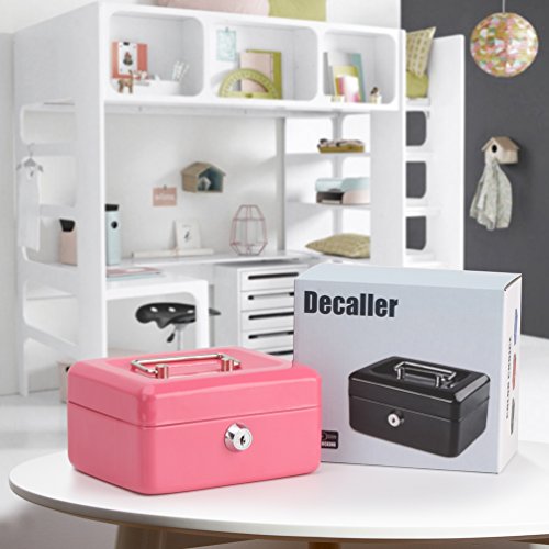 Small Cash Box With Key Lock, Decaller Portable Metal Money Box With Double Layer & 2 Keys For Security, Pink, 6 1/5" X 5" X 3", Qh1506Xs #TOP4
