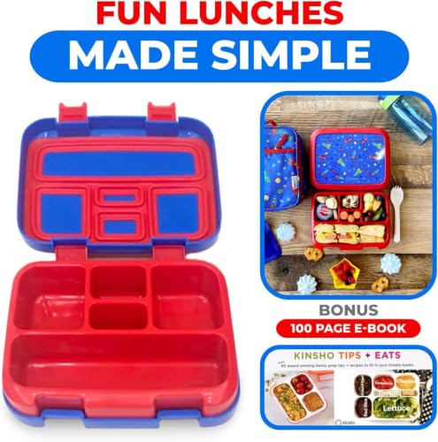 Image of kinsho Bento Lunch Boxes for Boys Toddlers, 5 Portion Sections Secure Lid, Snack Container, Microwave Safe BPA Free Removable Plastic Tray, Pre-School Kid Daycare Lunches, 2 Pack Dinosaur + Rocket