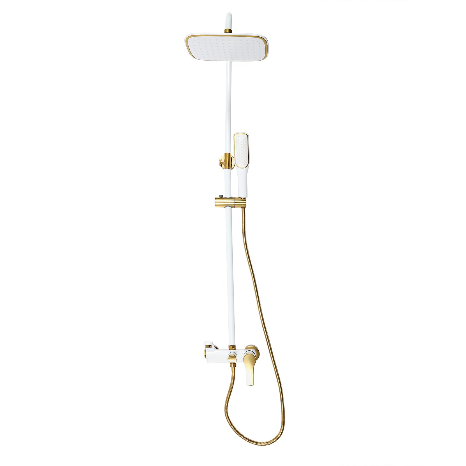 Sistema doccia con soffione e doccetta, set completo, asta doccia regolabile in altezza 85-125 cm, sistema doccia bianco oro, 3 uscite dell'acqua con attacco G1/2, per bagno