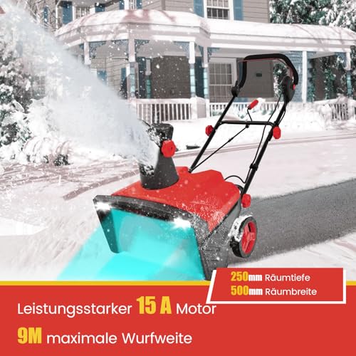 COSTWAY Elektro-Schneefräse 2300W mit LED-Leuchten & 15 A Motor, 50 cm Arbeitsbreite, 25 cm Arbeitshöhe, kabelgebundene Räumungsmaschine mit 180° drehbarer Rutsche & 9 m Wurfweite (Rot)