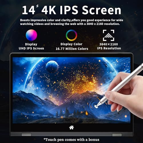 Image of BINTEC 14'' 2 in 1 Touchscreen Laptop,3840 * 2160 IPS LCD, celeron N95(up to 3.4GHz), 16GB DDR4,Backlit Keyboard,Fingerprint Unlock,2.4G /5G WiFi,Type-C,Bluetooth 4.2 256G