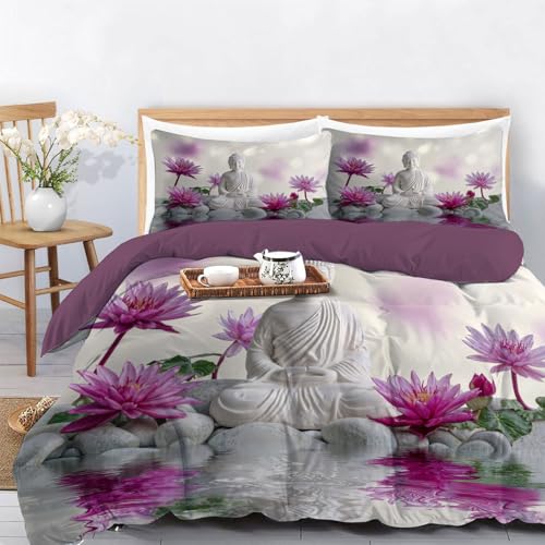Tranquillité Zen Housse de Couette 240x260 cm, Statue De Bouddha Pierre Lotus imprimée Microfibre Blanc Housse de Couette Sets avec Fermeture Éclair, Douce...